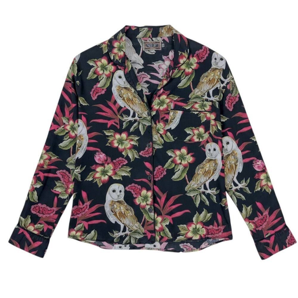 Desmond & Dempsey Owl Tropical Flower Plant Print LS Women's S Pajama Top